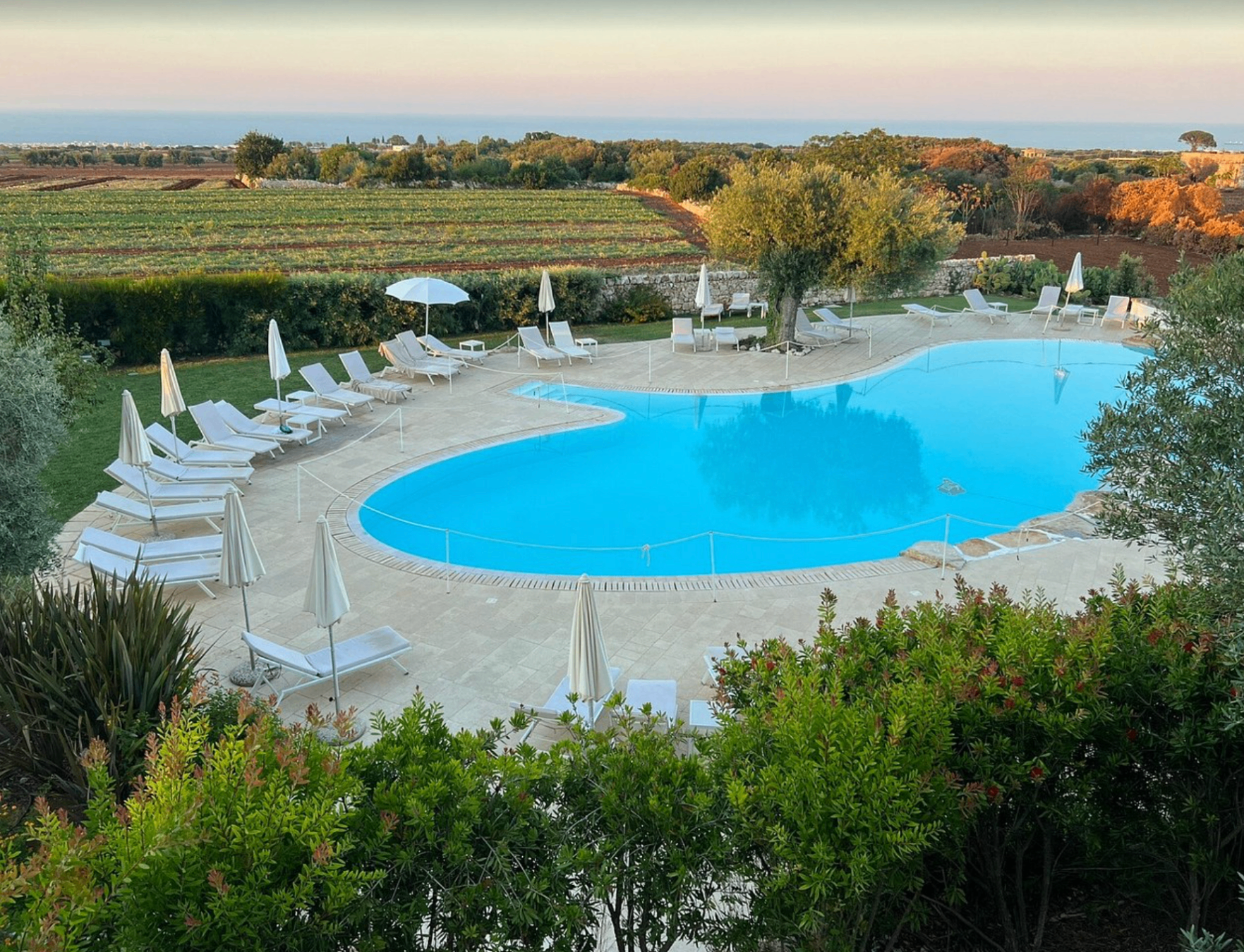 Piscina del resort vista dall'alto tra ulivi e campagna